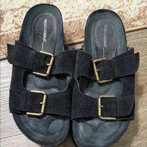 INTENTIONALLY BLANK Black Suede Double-Buckle Slide Sandals
